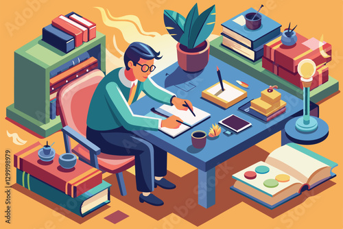 A novelist crafts customizable isometric graphics at a cluttered desk surrounded by books and plants, Novelist writing Customizable Isometric Illustration