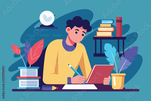 A young writer focuses on crafting a unique tale in a creative workspace filled with greenery, Novelist writing Customizable Flat Illustration