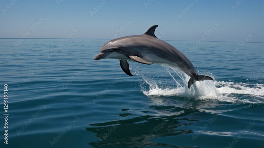 Fototapeta premium Dolphin arcing above water, sharp focus and serene horizon. Minimalistic and striking wildlife photography.