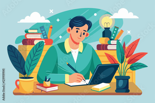 A writer immersed in crafting customizable narratives at a desk adorned with books and vibrant plants, Novelist writing Customizable Semi Flat Illustration