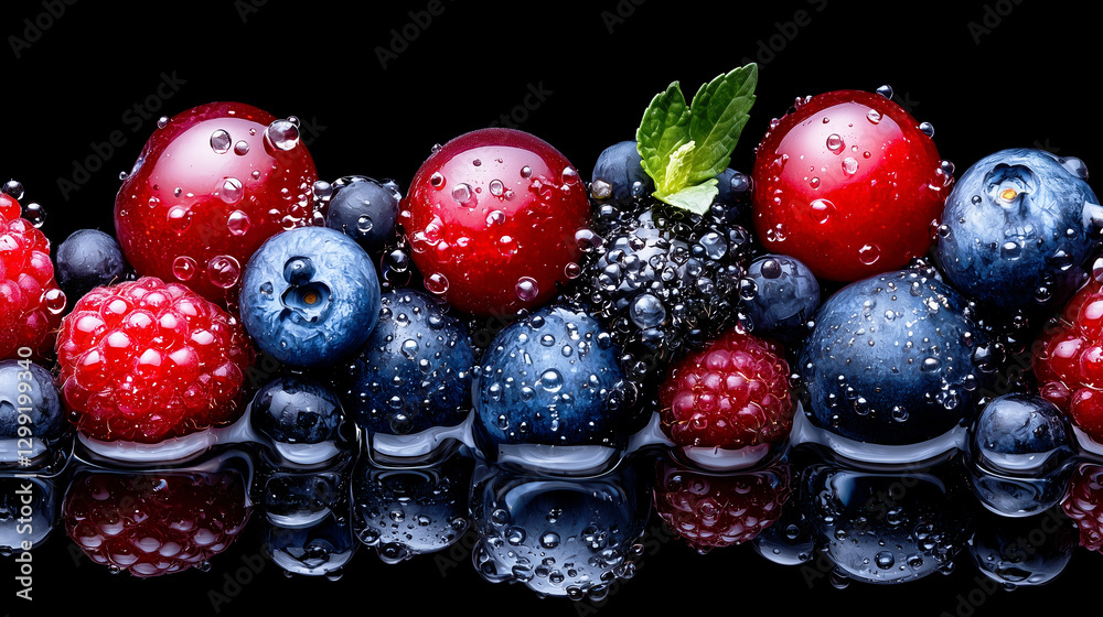 Fresh mixed berries with water droplets and reflection on black background Fresh mixed berries with water droplets and reflection on black background