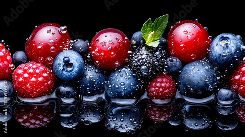 Fresh mixed berries with water droplets and reflection on black background