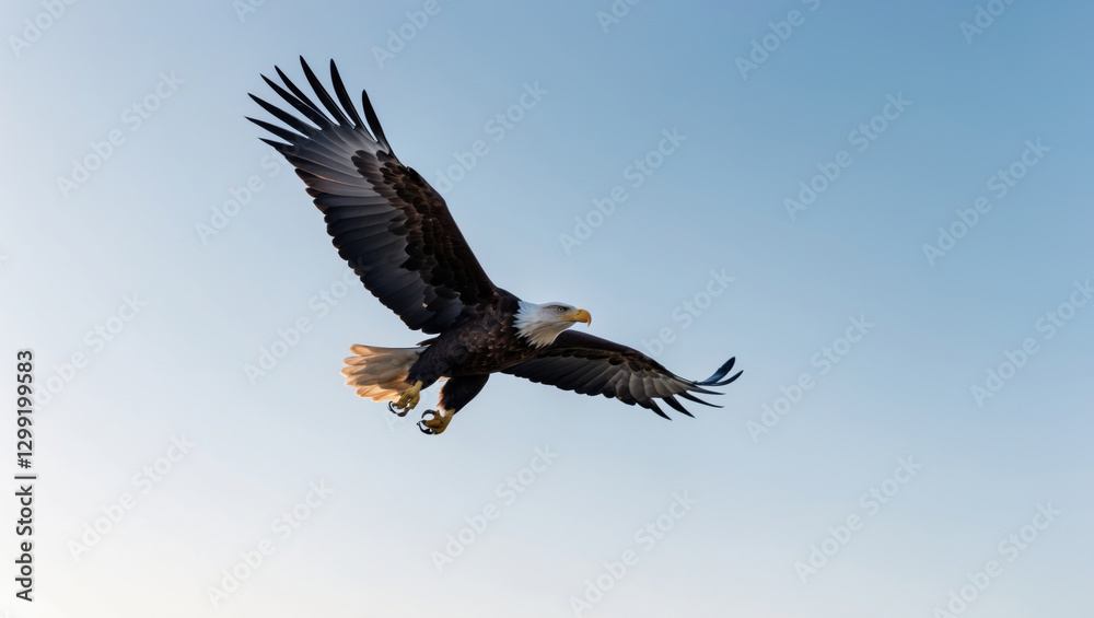 Obraz premium Eagle soaring high, expansive sky emphasizing its power. Minimalistic and striking wildlife photography.