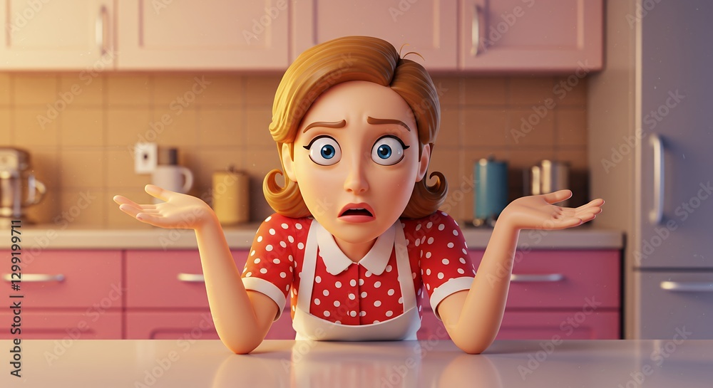 Woman in Kitchen Looks Confused with Hands Raised Expressing Uncertainty Woman in Kitchen Looks Confused with Hands Raised Expressing Uncertainty