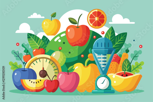A colorful display of various fruits alongside a kitchen scale emphasizes healthy eating for weight loss, Nutrition and vegetarian diet, weight loss,