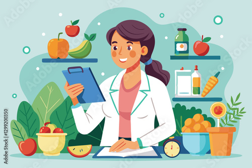 A nutritionist is creating balanced meal plans while surrounded by fresh fruits and vegetables, Nutritionist makes meal plan,