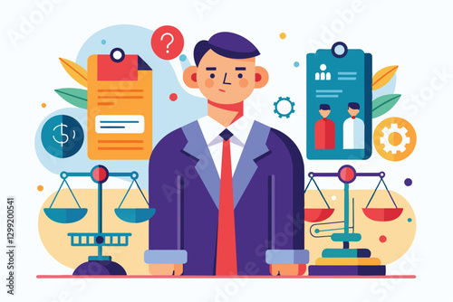 A professional stands surrounded by icons representing legal obligations and documents in a colorful setting, Obligations Customizable Disproportionate Illustration