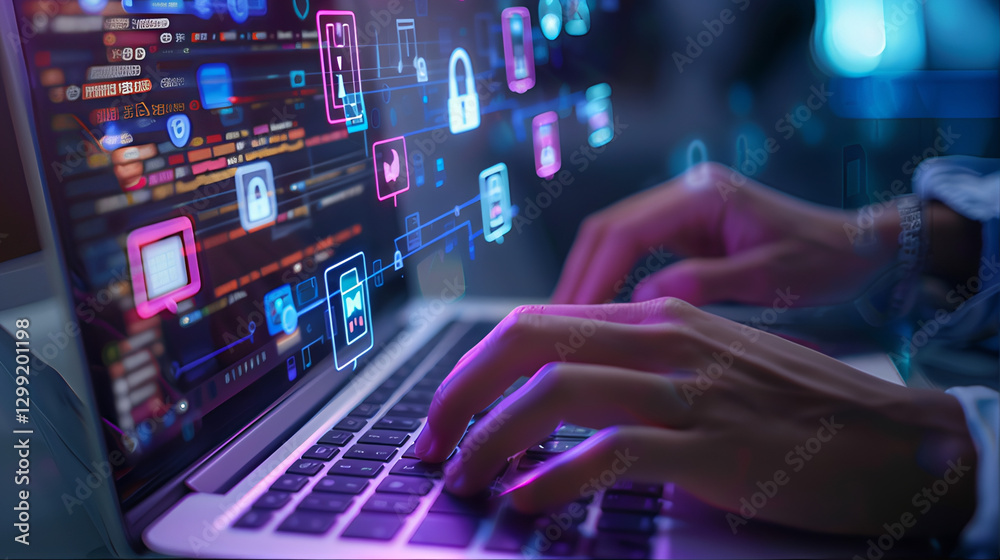 Hands typing on laptop, PC digital technology with social media gadget cybersecurity icons. Hands typing on laptop, PC digital technology with social media gadget cybersecurity icons.