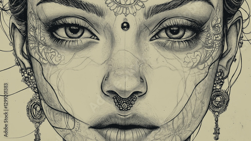 an Indian woman’s face with a traditional nose ring and bindi.