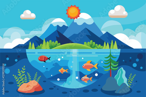 The illustration depicts a vibrant marine ecosystem illustrating ocean acidification effects on aquatic life, Ocean acidification Customizable Semi Flat Illustration