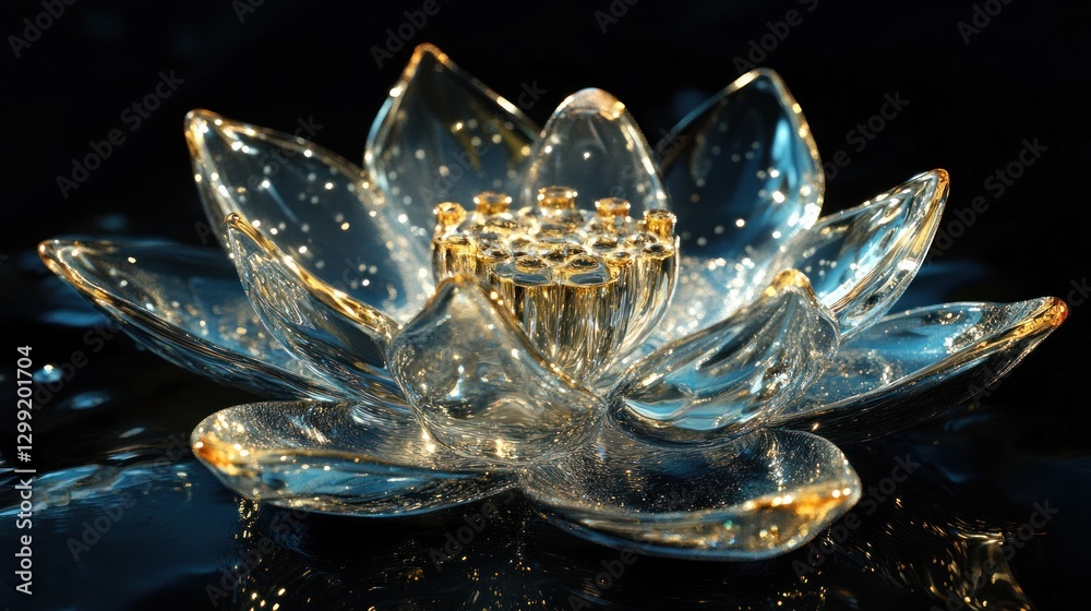 Crystal Lotus Flower, Dark Background, Water Reflection Crystal Lotus Flower, Dark Background, Water Reflection