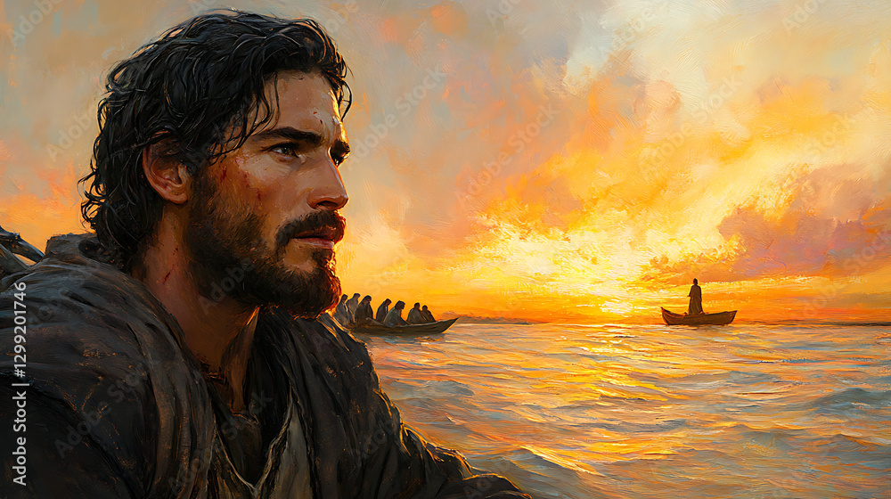 Fototapeta premium The moment faith and vision collide—John’s face in an emotional close-up, his gaze fixed on the distant figure of Jesus on the shore, soft rippling waves reflecting the golden dawn,