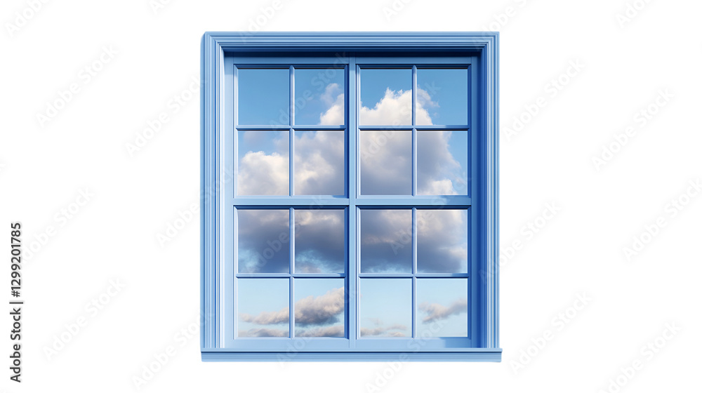 Obraz premium Blue window frame showcasing a cloudy sky view
