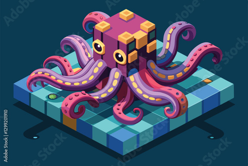 A bright and colorful octopus design rests on a geometric platform, showcasing a creative and playful aesthetic, Octopus Customizable Isometric Illustration