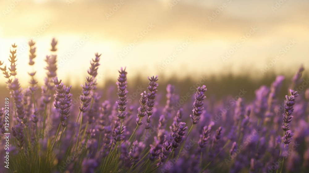 Fototapeta premium Lavender field at sunset: tranquil blossoms in golden light