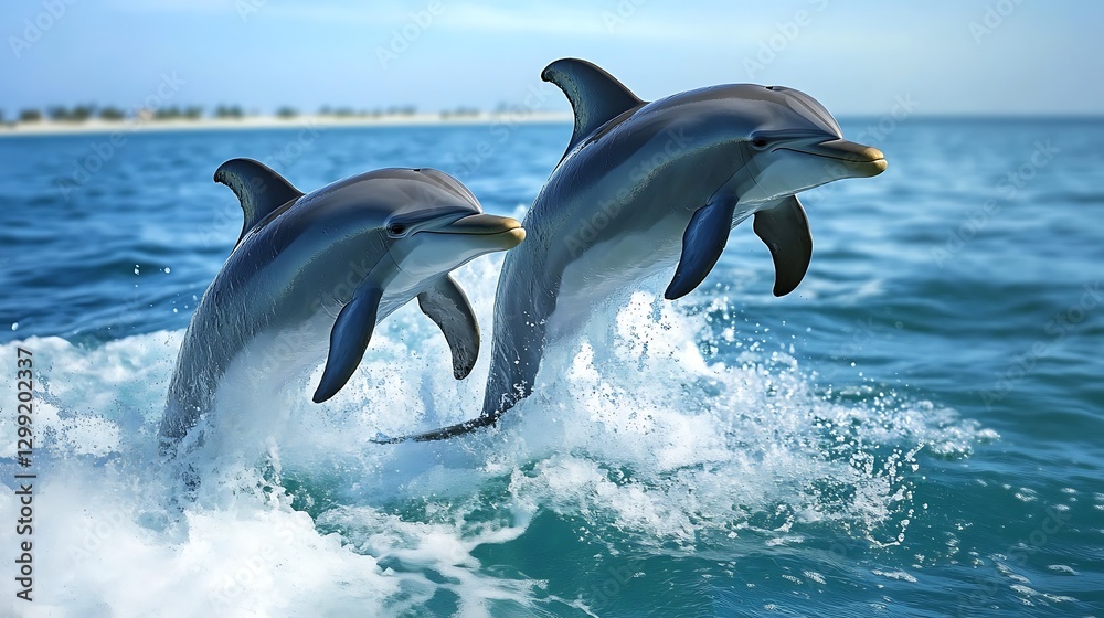 Fototapeta premium Amazing Marine Life Dolphin Playing in Deep Blue Waters photo