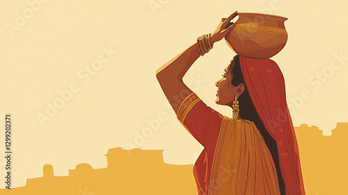 an Indian woman carrying an earthen pot on her head