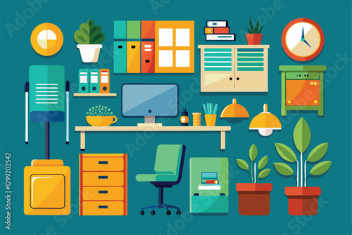 A modern workspace showcases vibrant office furniture and decor, promoting a productive environment with style, Office furniture and decor icons