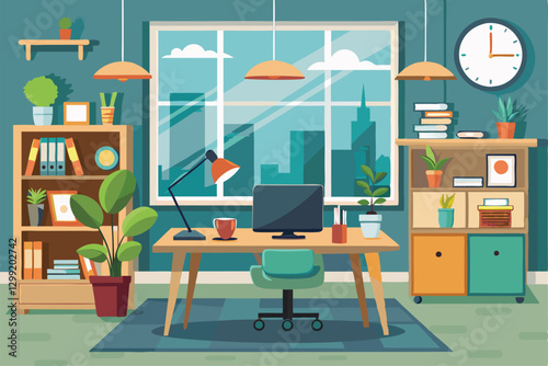 A bright office features a wooden desk, plants, bookshelves, and a computer overlooking the city skyline, Office interior design illustration