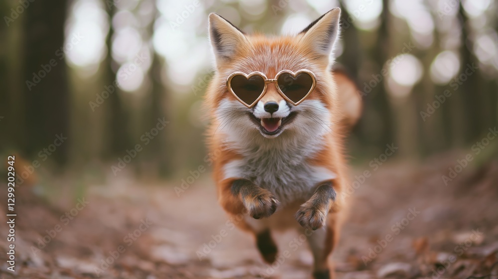 Fototapeta premium Adorable fox wearing heart-shaped sunglasses running through the forest