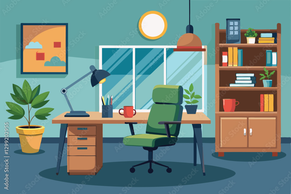 A vibrant office interior features a well-organized desk and comfortable chair next to a bookshelf, Office interior with desk and chair illustration A vibrant office interior features a well-organized desk and comfortable chair next to a bookshelf, Office interior with desk and chair illustration