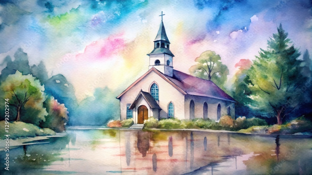Naklejka premium Watercolor Painting of Church by Lake