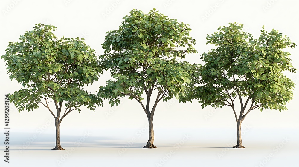 Three leafy trees, studio shot, white background, landscaping design