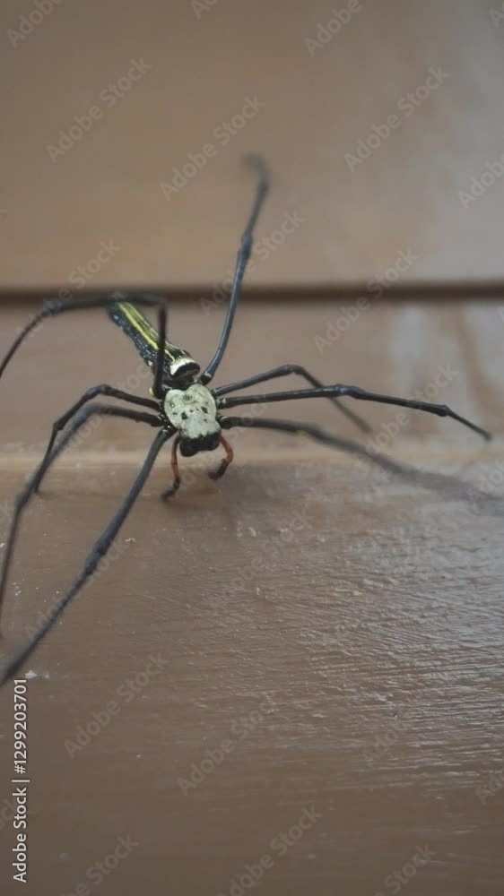 Long-legged spider walking on wooden door Long-legged spider walking on wooden door