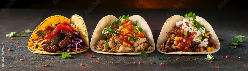 Three Delicious Tacos with Diverse Fillings Against a Dark Backgrounds Photographed in High Quality Style, Professional Photography, and Vibrant Colors, with Sharp Focus and Rich Textures, a Studio Three Delicious Tacos with Diverse Fillings Against a Dark Backgrounds Photographed in High Quality Style, Professional Photography, and Vibrant Colors, with Sharp Focus and Rich Textures, a Studio