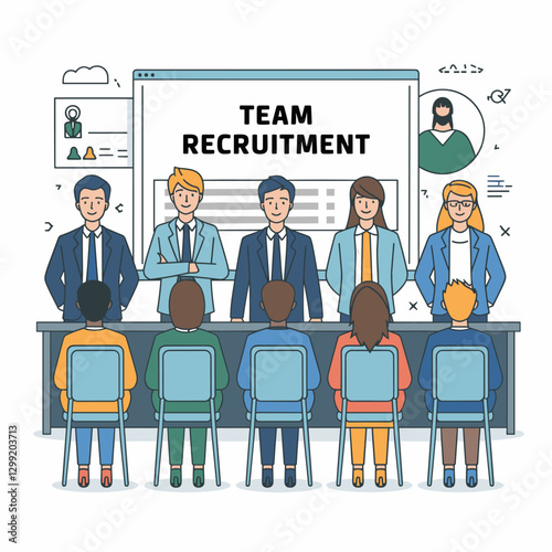 A vibrant illustration showcasing a team recruitment scenario, featuring diverse candidates and a panel of interviewers, embodying professionalism and collaboration.