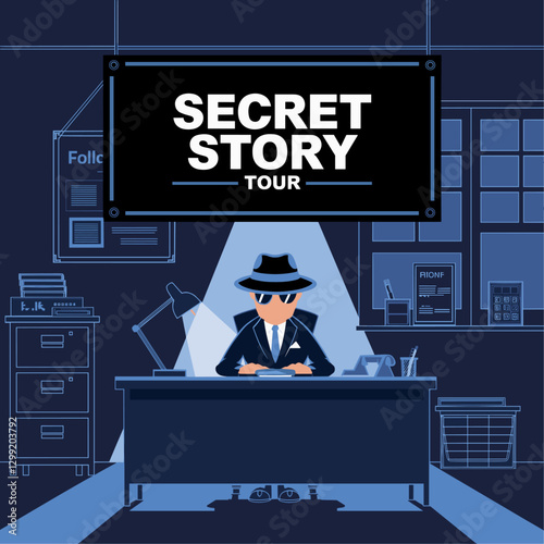 Explore the intriguing world of espionage with this graphic of a detective in a dimly lit office, perfect for mystery themes.