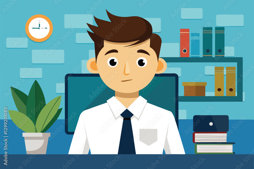A cartoon character sits at a desk in an office, surrounded by books, plants, and storage items, Office work Customizable Cartoon Illustration A cartoon character sits at a desk in an office, surrounded by books, plants, and storage items, Office work Customizable Cartoon Illustration