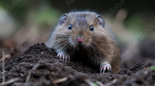 Mole emerging from a fresh mound of dirt its tiny pink nose twitching soft velvety fur reflecting the dim light claws perfectly adapted for digging through the dark earth