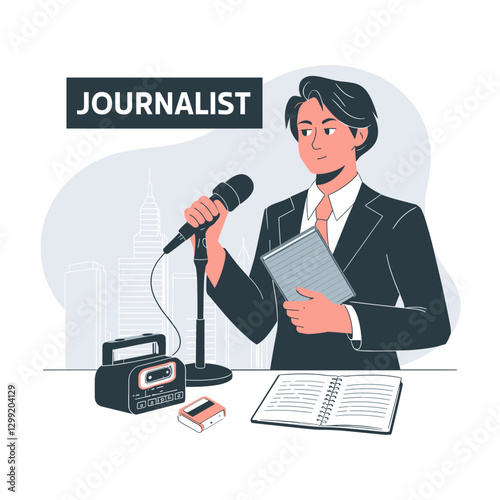 An illustration of a confident journalist holding a microphone and notepad, ready to report news in an urban setting. Perfect for media-related projects.