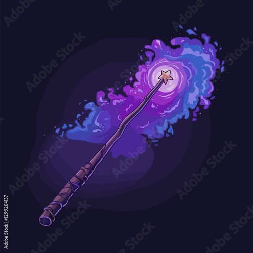 A mystical wand surrounded by vibrant cosmic energy, featuring a star at its tip. Perfect for fantasy-themed projects or magical illustrations.