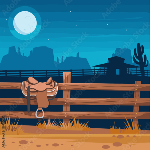 A serene desert scene under a bright full moon, featuring a rustic saddle resting on a wooden fence, surrounded by cacti and rugged hills.