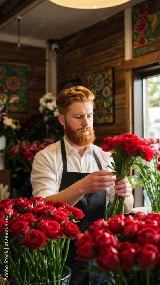 Red-haired florist carefully arranging roses in a rustic flower shop. Local business, community connection, artisan work, small business growth, creativity. Red-haired florist carefully arranging roses in a rustic flower shop. Local business, community connection, artisan work, small business growth, creativity.