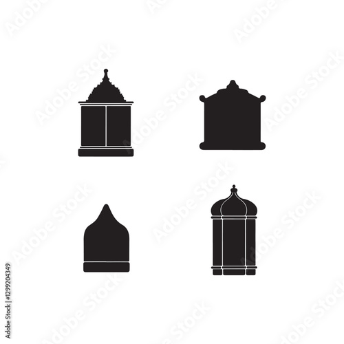 Simple Black and White Architectural Silhouettes of Islamic Structures.Four simple, black silhouette illustrations of Islamic architectural elements, likely minarets or shrines.