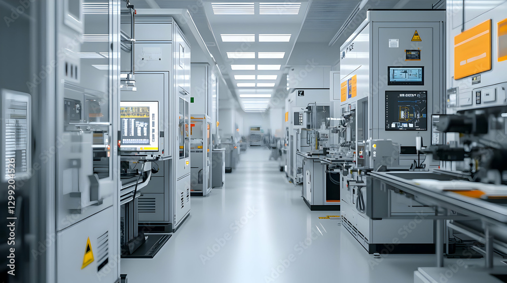 Modern Industrial Factory Interior with Rows of Machines in Bright White Space Modern Industrial Factory Interior with Rows of Machines in Bright White Space