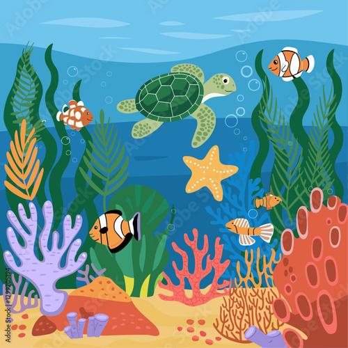 Explore a lively underwater world featuring a green sea turtle, clownfish, and vibrant coral reefs. Perfect for aquatic-themed projects.