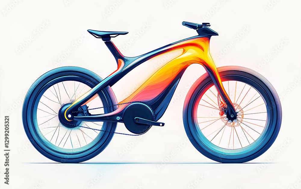 Fototapeta premium Modern electric bicycle design showcasing sleek curves and vibrant colors, perfect for urban commuting in a futuristic setting