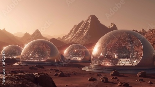 A futuristic Mars colony with interconnected domes made of glass and metal, set against a red rocky landscape under a pale pink sky