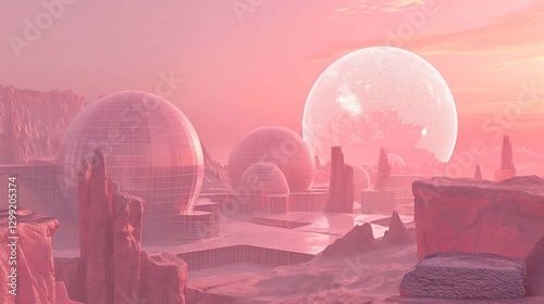 A futuristic Mars colony with interconnected domes of glass and metal, set against a red rocky landscape under a pink sky