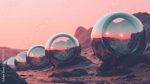 A futuristic Mars colony with interconnected domes made of glass and metal, set against a red rocky landscape under a pink sky
