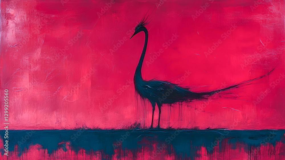 Fototapeta premium Black silhouette of a crane against vibrant abstract red background showcasing artistic expression in contemporary art