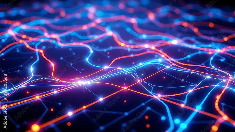 Abstract digital landscape of connected glowing blue and red particles and lines creating a futuristic network ideal for tech, data, and digital projects Abstract digital landscape of connected glowing blue and red particles and lines creating a futuristic network ideal for tech, data, and digital projects