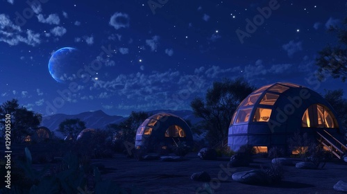 A Mars base at night, with glowing windows in the habitat domes and a clear view of Earth in the distant sky