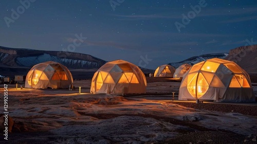 A Mars base at night, with glowing windows in the habitat domes and a clear sky