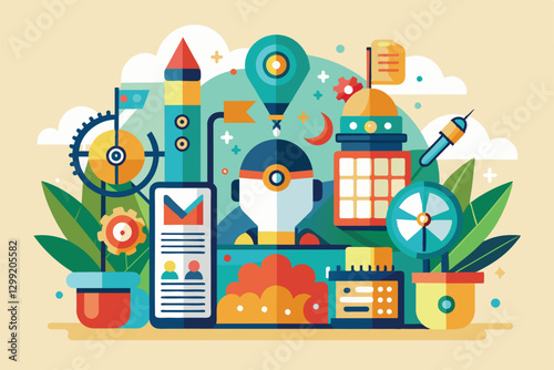 A lively workspace filled with colorful tools and plants, showcasing creative design concepts in action, Oh no Customizable Disproportionate Illustration