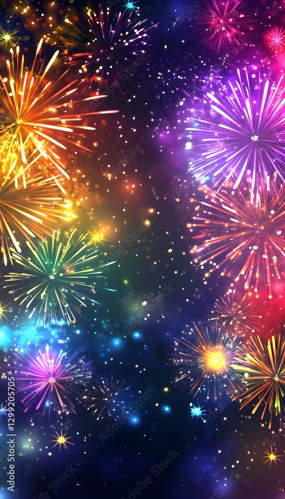 Fototapeta premium Colorful fireworks bursting in a dark night sky creating patterns